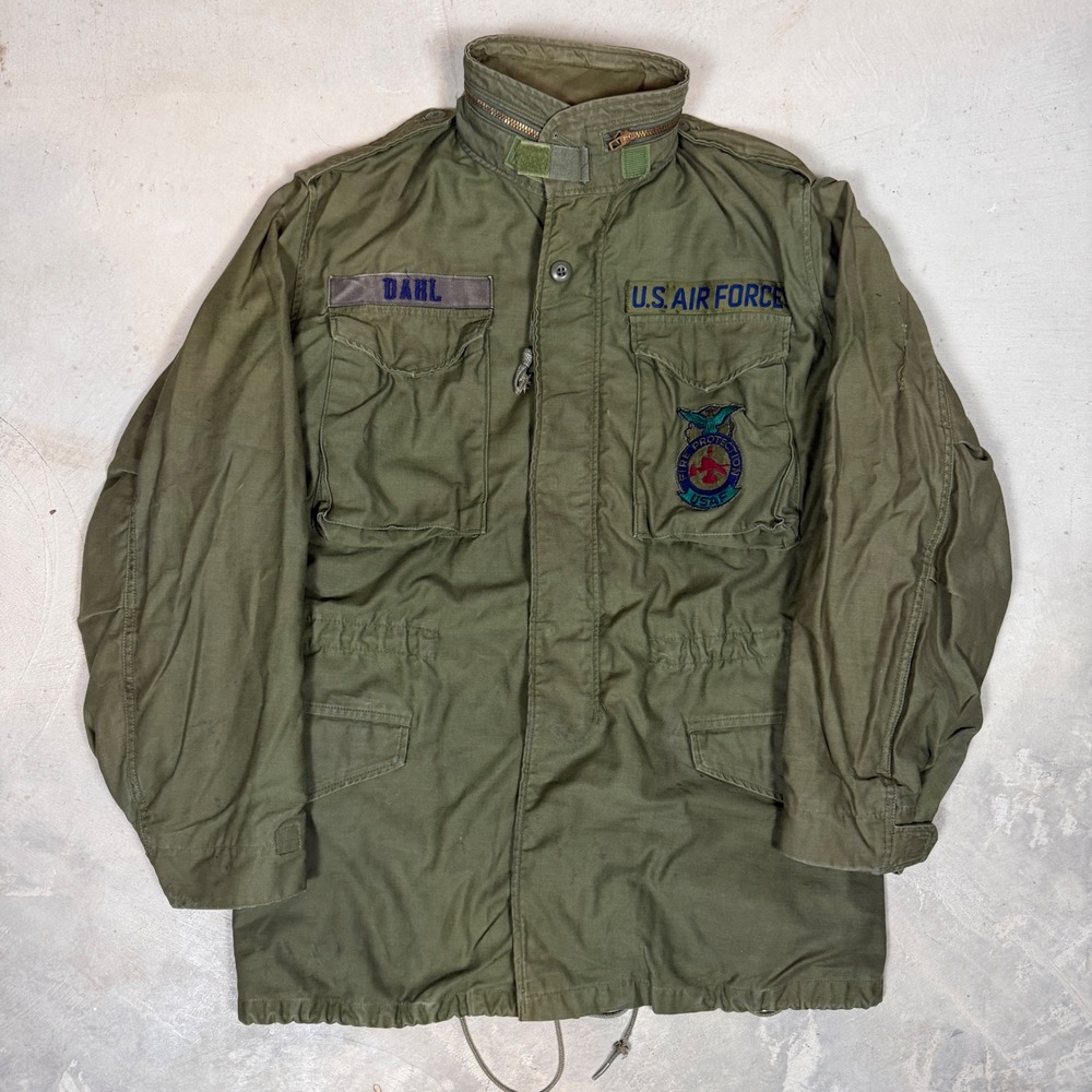 Vintage 1982 USAF M-65 Field Coat OG-107 Olive Green Jacket Small Long Patched